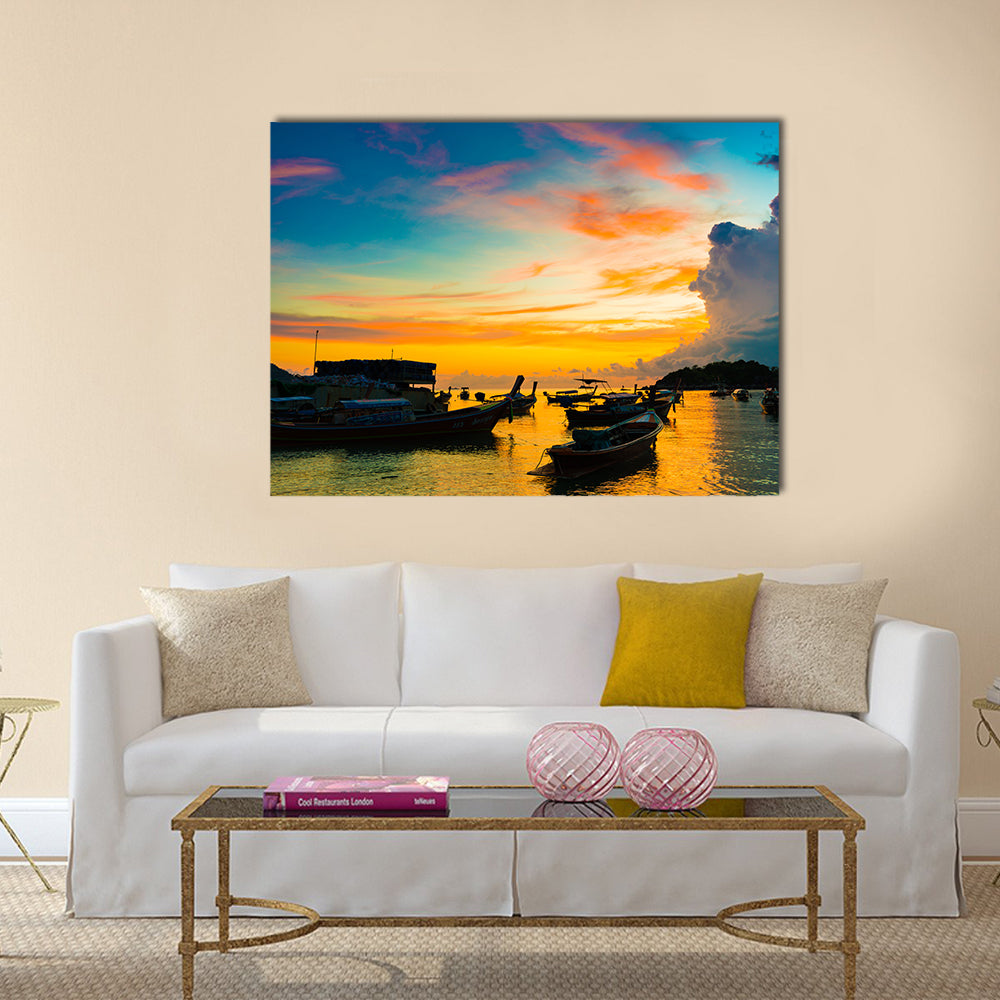 Reflection of Wooden Boat with Burning Sky during Sunrise in Andaman sea multi panel canvas wall art
