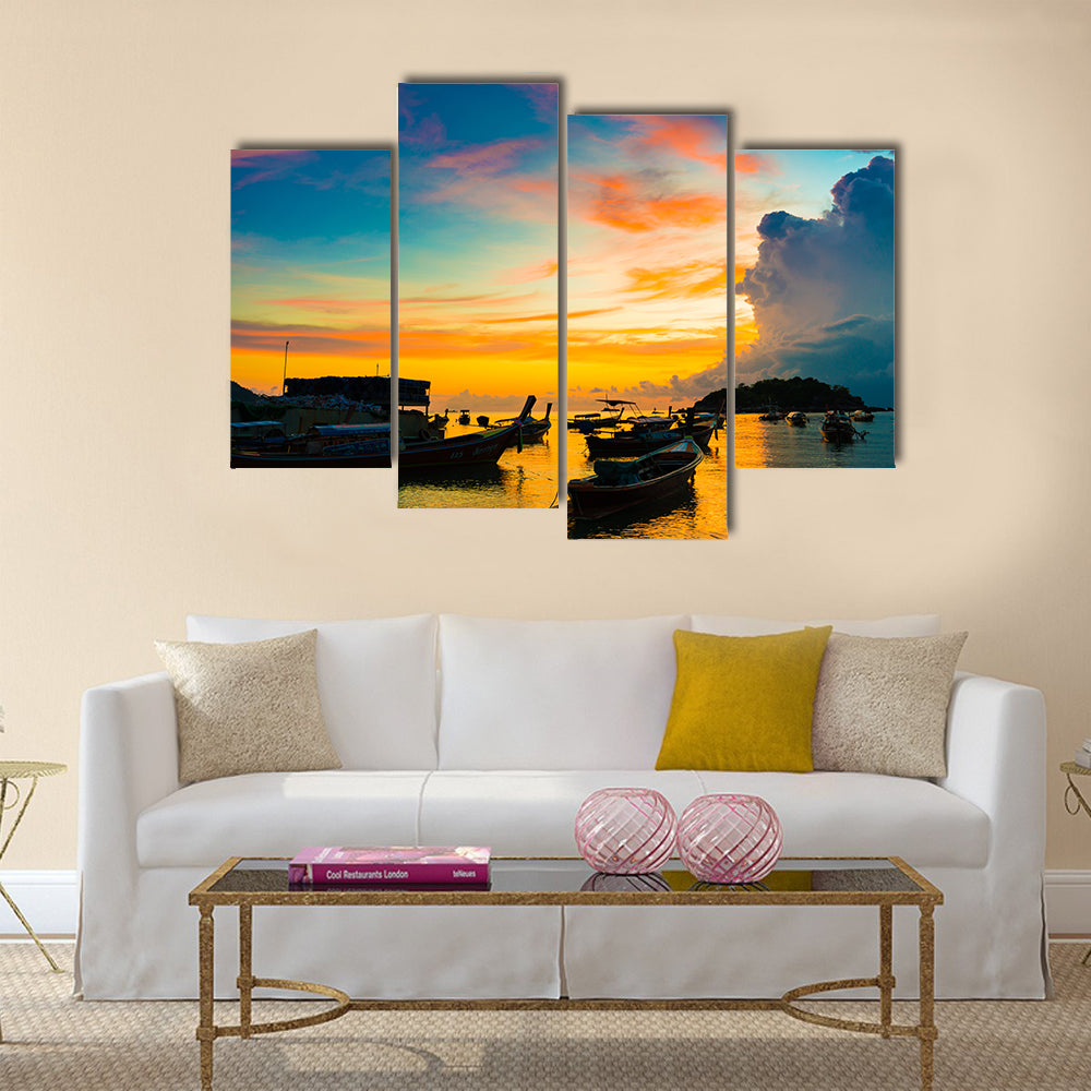 Reflection of Wooden Boat with Burning Sky during Sunrise in Andaman sea multi panel canvas wall art