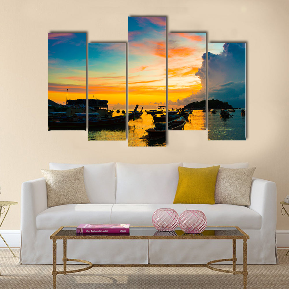 Reflection of Wooden Boat with Burning Sky during Sunrise in Andaman sea multi panel canvas wall art