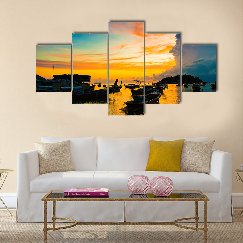 Reflection of Wooden Boat with Burning Sky during Sunrise in Andaman sea multi panel canvas wall art
