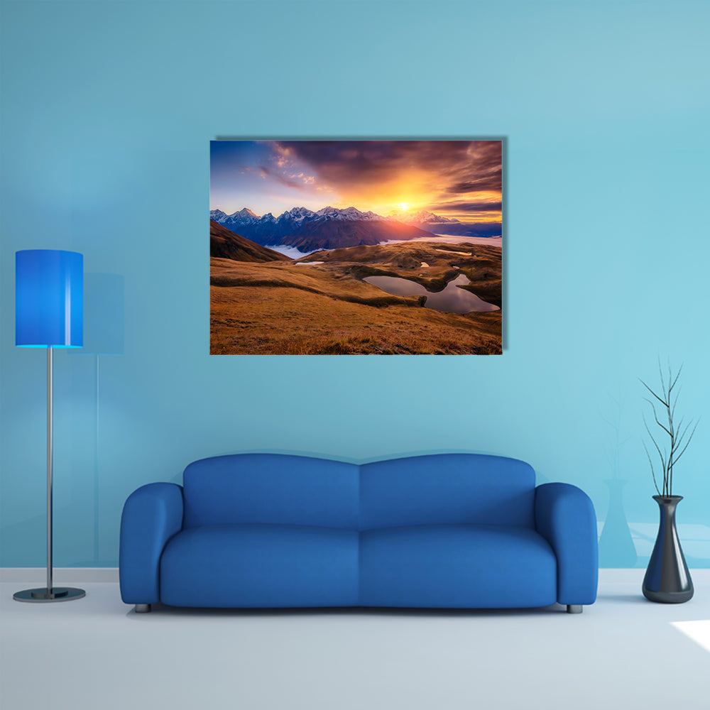 Fantastic Lake Koruldi with overcast sky at the foot of Mt. Ushba Multi Panel Canvas Wall Art
