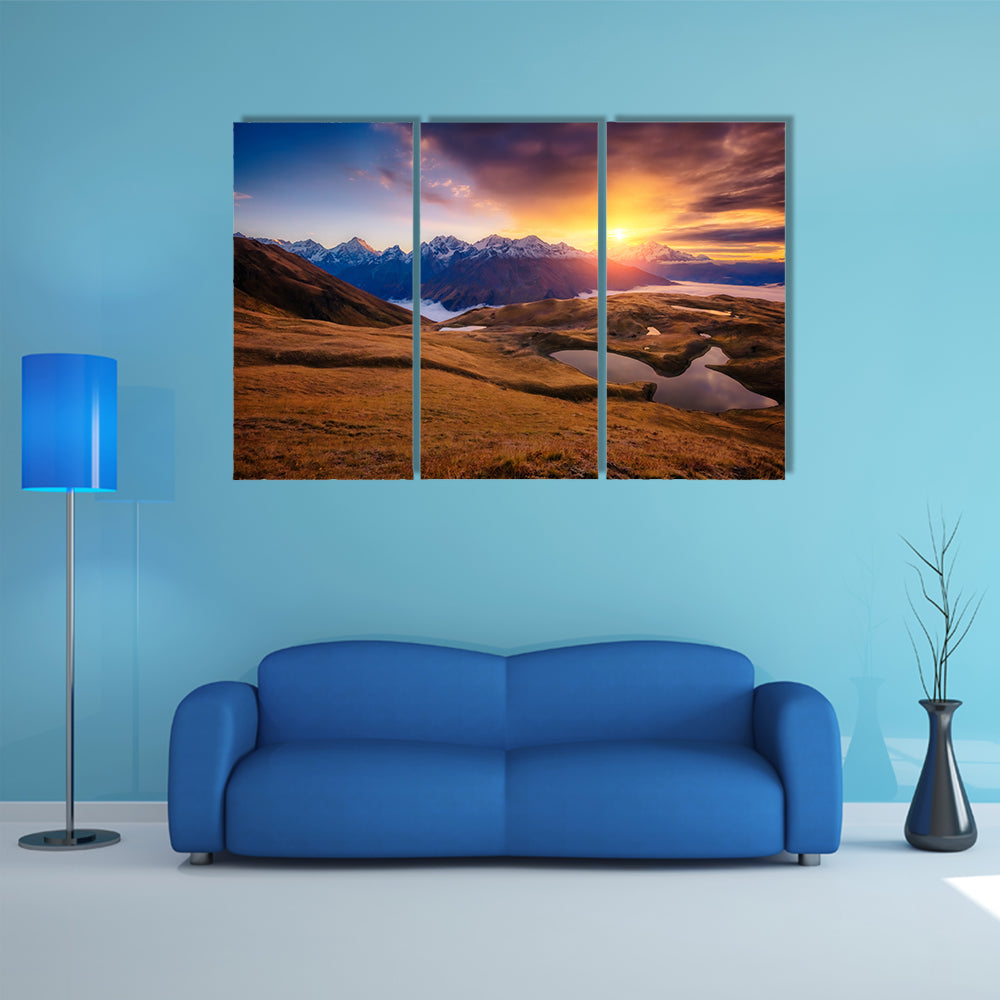 Fantastic Lake Koruldi with overcast sky at the foot of Mt. Ushba Multi Panel Canvas Wall Art