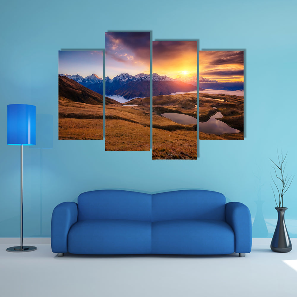 Fantastic Lake Koruldi with overcast sky at the foot of Mt. Ushba Multi Panel Canvas Wall Art