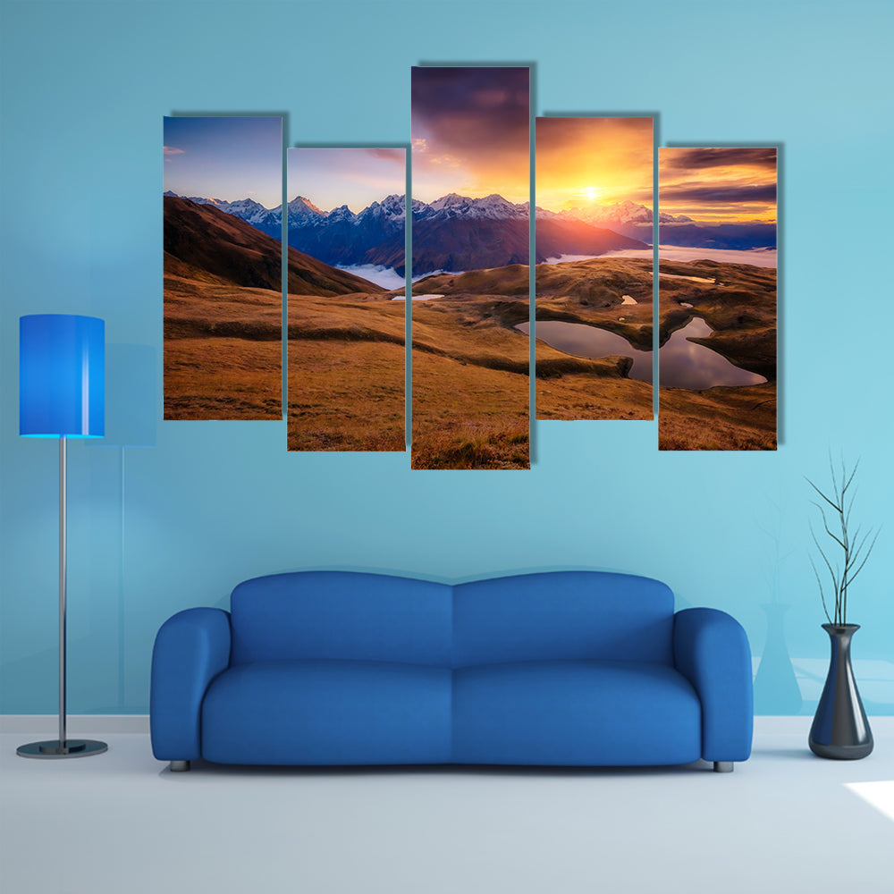 Fantastic Lake Koruldi with overcast sky at the foot of Mt. Ushba Multi Panel Canvas Wall Art