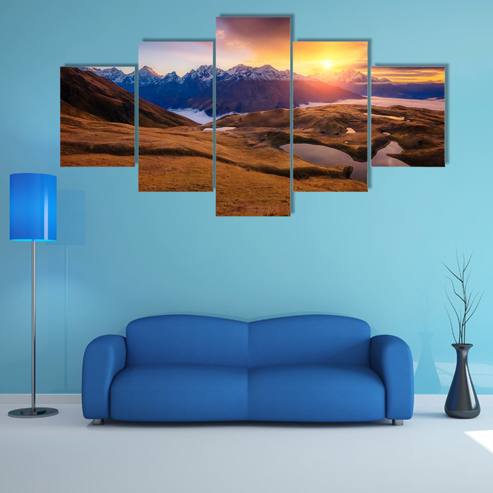 Fantastic Lake Koruldi with overcast sky at the foot of Mt. Ushba Multi Panel Canvas Wall Art