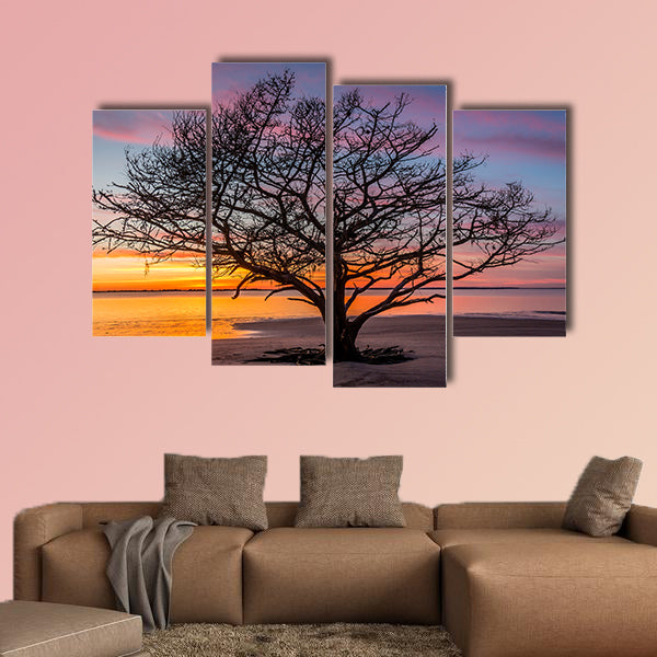 Live Oak Tree silhouetted on a barrier island beach at sunset wall art