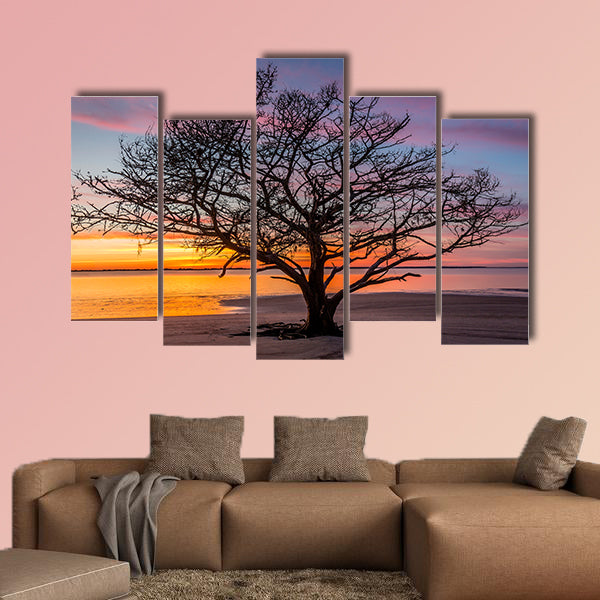 Live Oak Tree silhouetted on a barrier island beach at sunset wall art