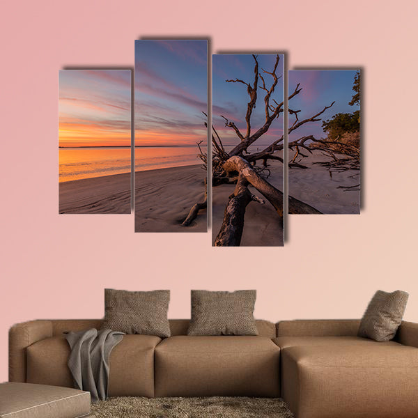 Fallen tree trunk on a beach at dawn, Jekyll Island, wall art