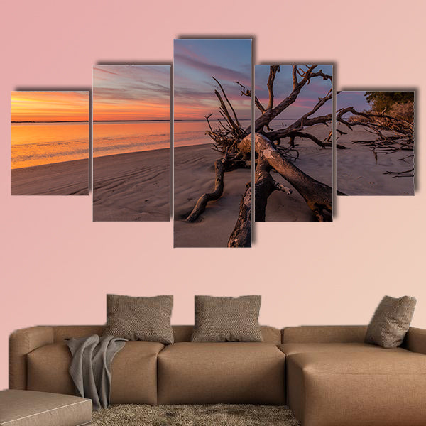 Fallen tree trunk on a beach at dawn, Jekyll Island, wall art