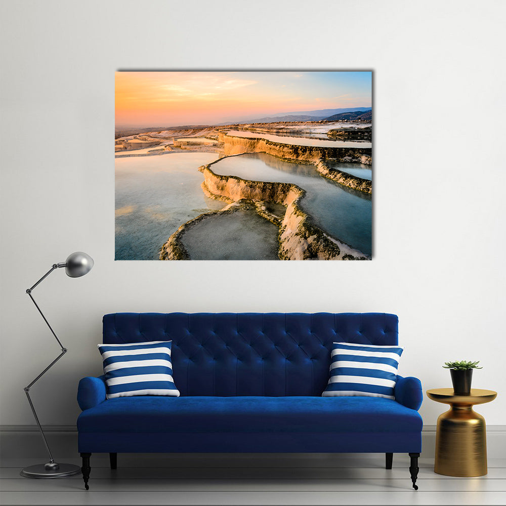 The Speaking Beauty Of Carbonate Tavertines In The Natural Pools Of Turkey In A Sea During Sunset Multi Panel Canvas Wall Art