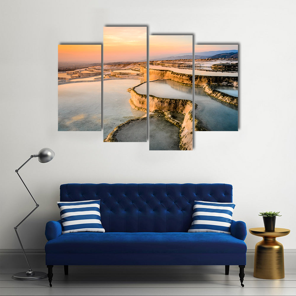 The Speaking Beauty Of Carbonate Tavertines In The Natural Pools Of Turkey In A Sea During Sunset Multi Panel Canvas Wall Art