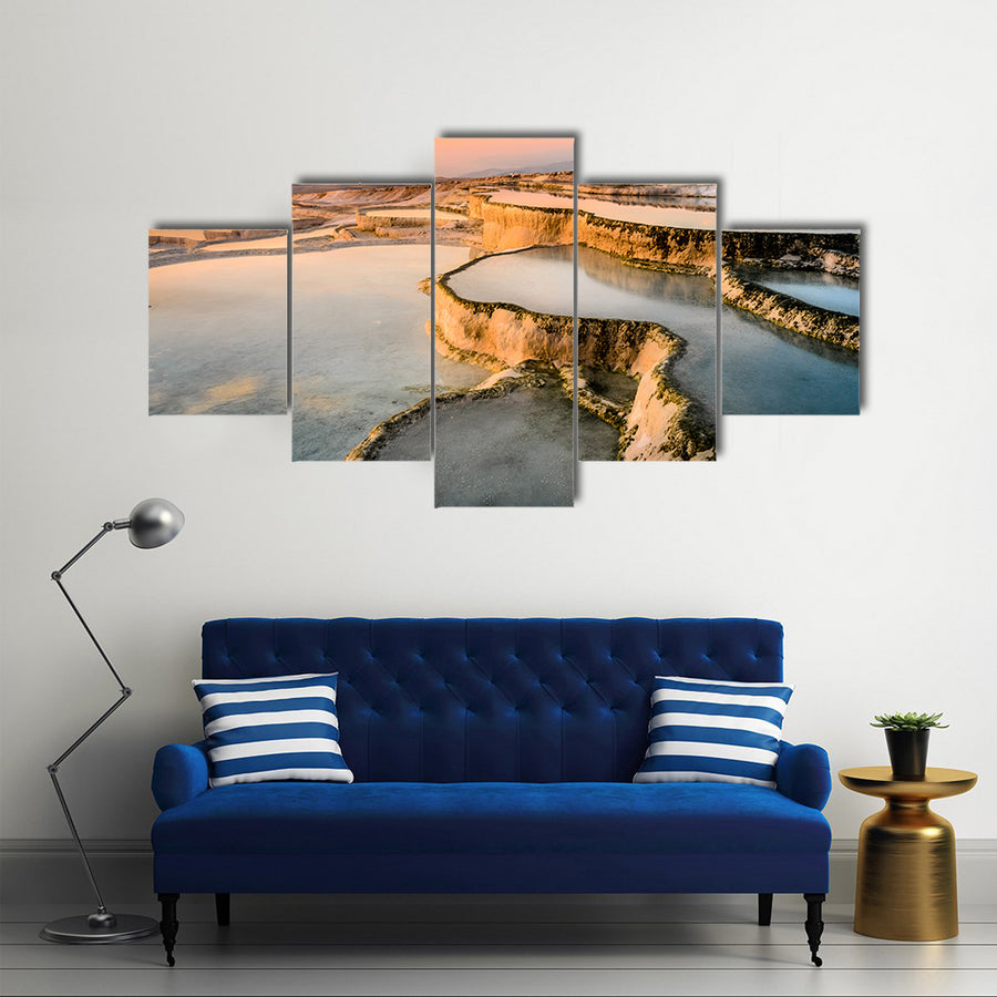 The Speaking Beauty Of Carbonate Tavertines In The Natural Pools Of Turkey In A Sea During Sunset Multi Panel Canvas Wall Art