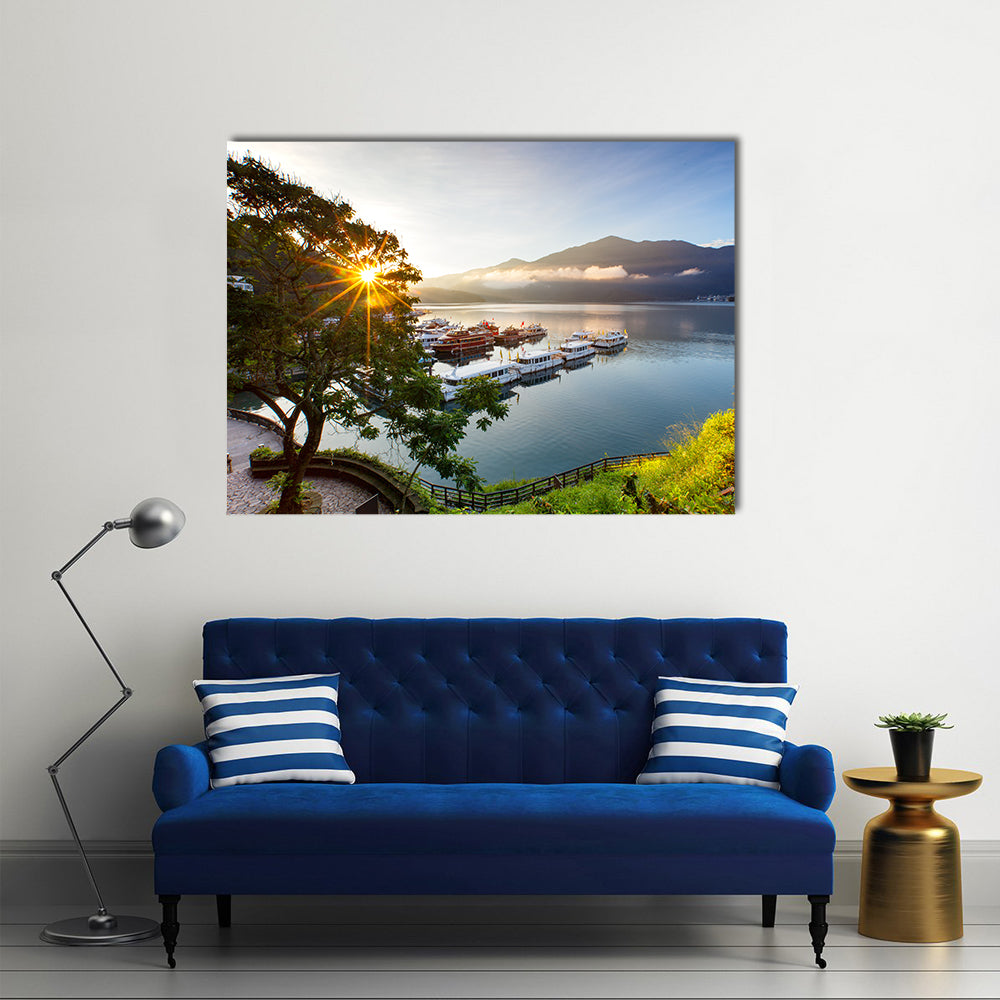 sunrise at sun moon lake in nantou, Taiwan multi panel canvas wall art