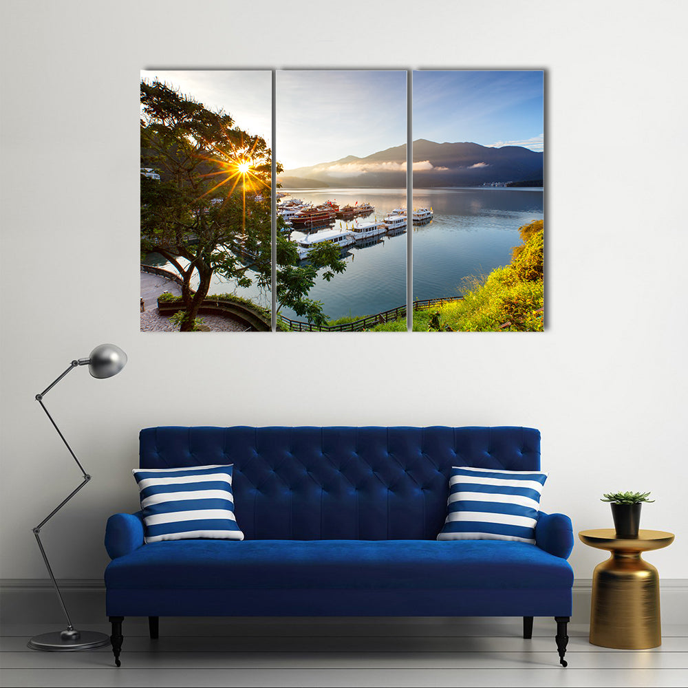 sunrise at sun moon lake in nantou, Taiwan multi panel canvas wall art