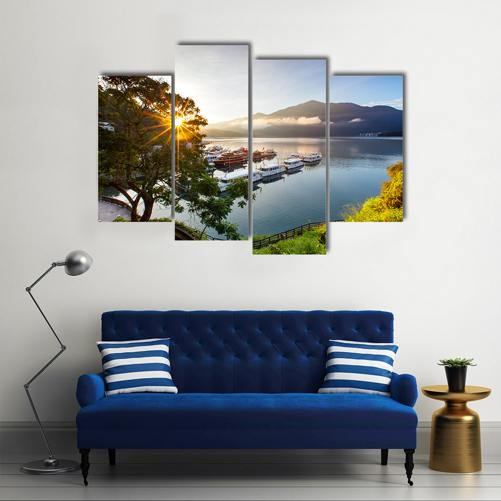sunrise at sun moon lake in nantou, Taiwan multi panel canvas wall art