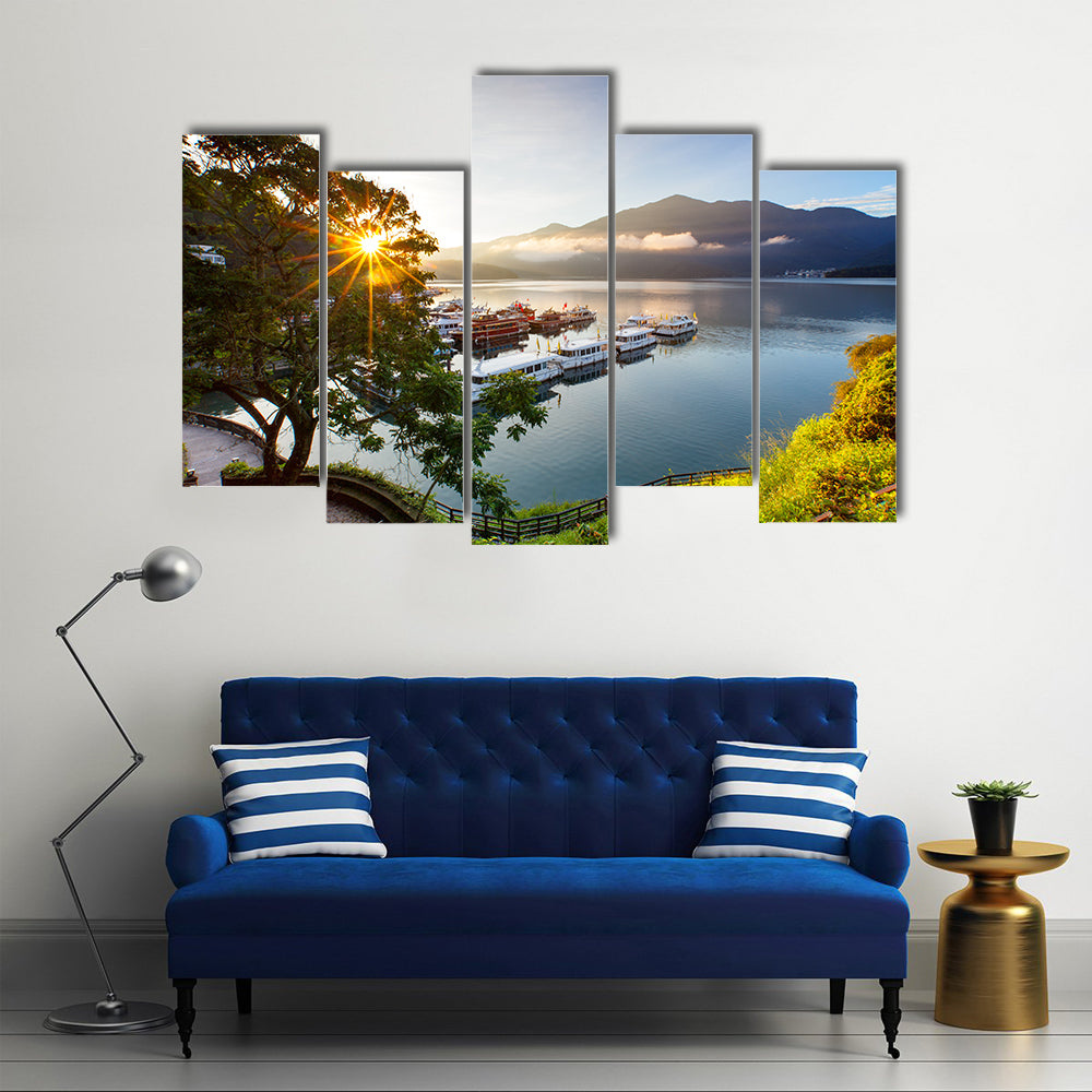 sunrise at sun moon lake in nantou, Taiwan multi panel canvas wall art