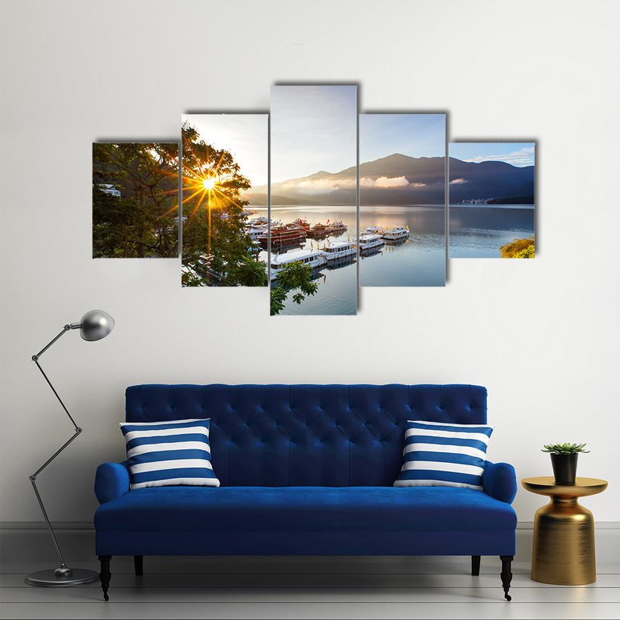 sunrise at sun moon lake in nantou, Taiwan multi panel canvas wall art