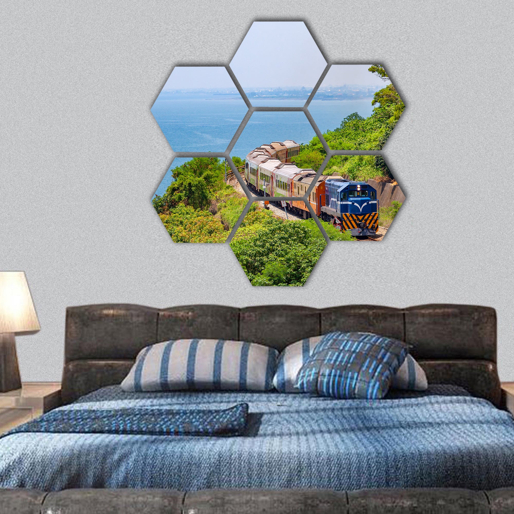 Train on the railway near Fangshan Station hexagonal canvas wall art