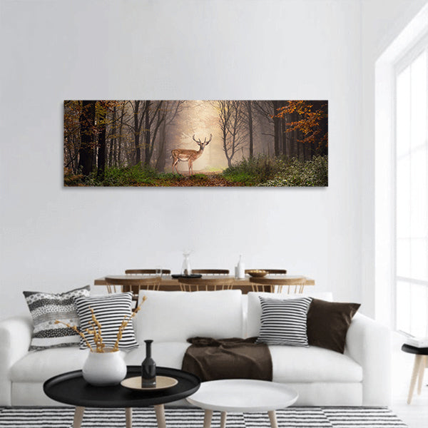 Fallow deer standing misty forest panoramic canvas wall art