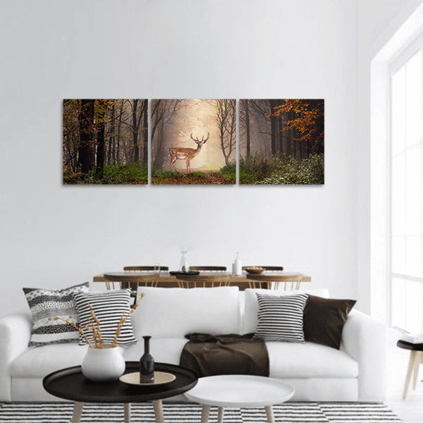 Fallow deer standing misty forest panoramic canvas wall art