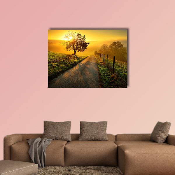 Rural landscape on a hill with a tree on a meadow at sunrise, canvas wall art