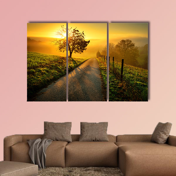 Rural landscape on a hill with a tree on a meadow at sunrise, canvas wall art