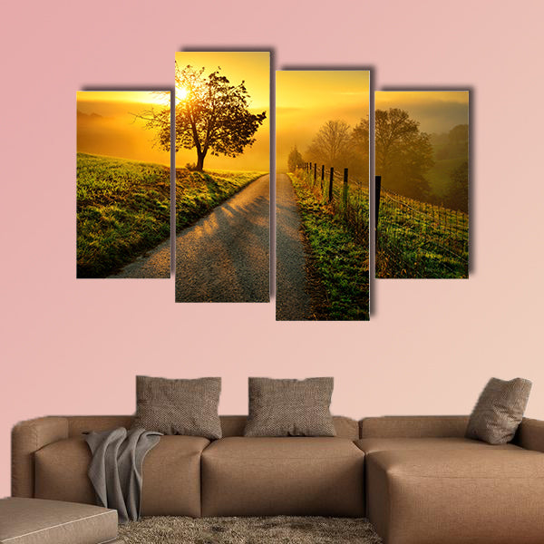 Idyllic rural landscape on a hill with a tree multi panel canvas wall art