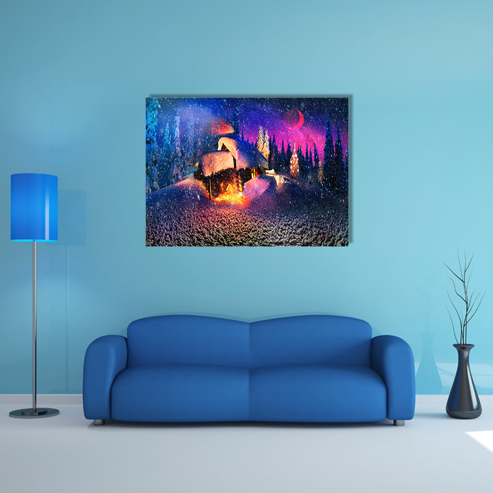Climbing to tourist wild alpine mountain to an abandoned cabin-in order to illuminate the snow-covered spruce canopy Multi Panel Canvas Wall Art