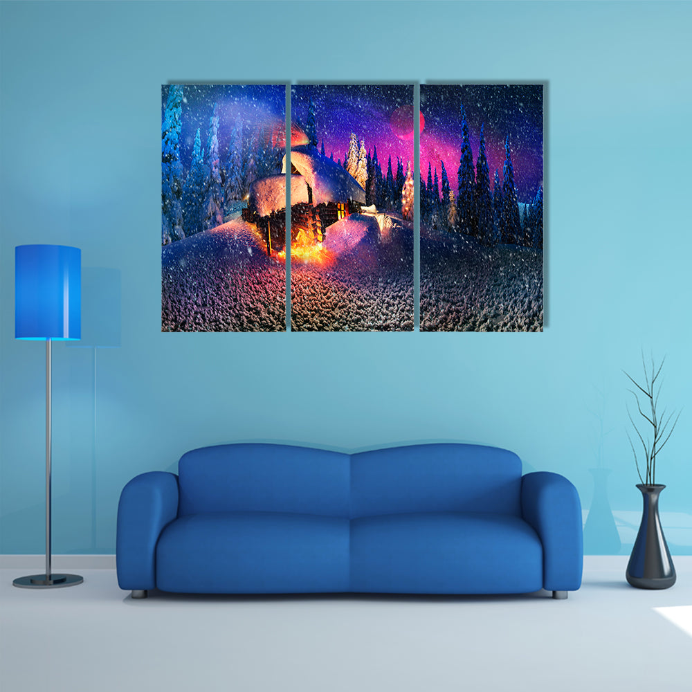 Climbing to tourist wild alpine mountain to an abandoned cabin-in order to illuminate the snow-covered spruce canopy Multi Panel Canvas Wall Art