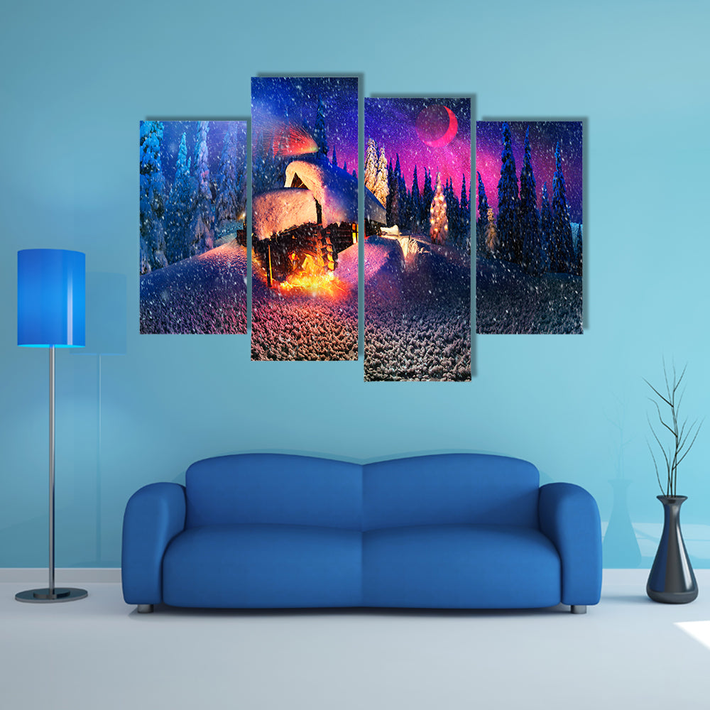 Climbing to tourist wild alpine mountain to an abandoned cabin-in order to illuminate the snow-covered spruce canopy Multi Panel Canvas Wall Art