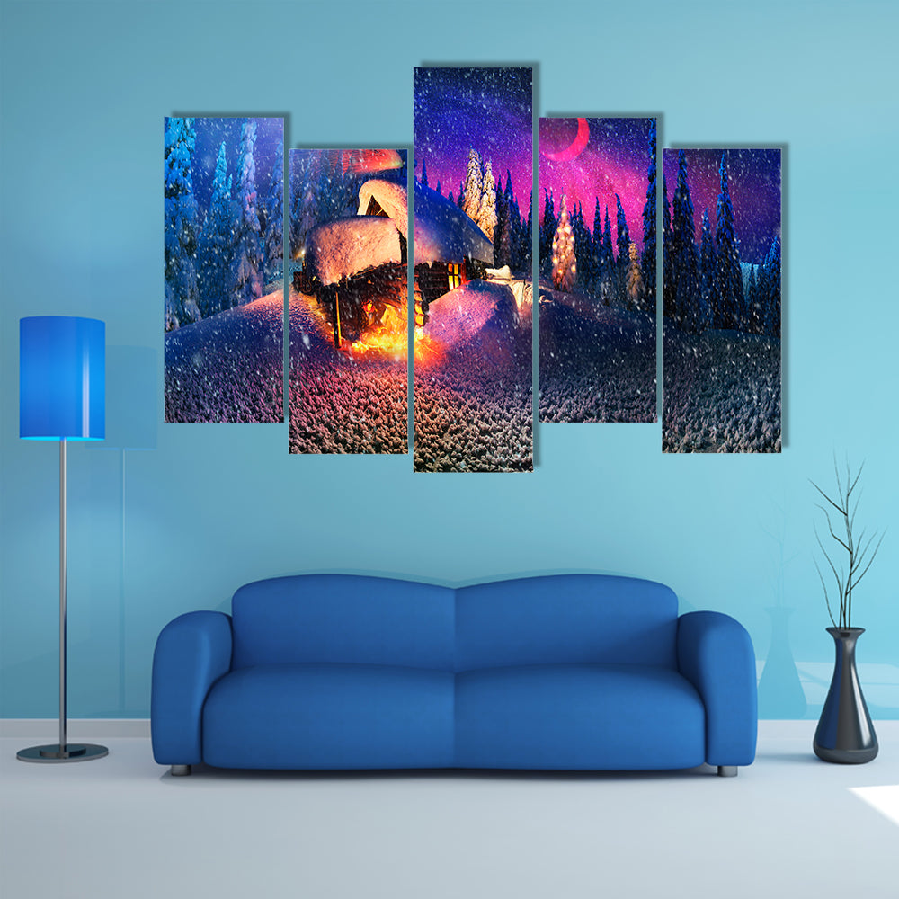 Climbing to tourist wild alpine mountain to an abandoned cabin-in order to illuminate the snow-covered spruce canopy Multi Panel Canvas Wall Art