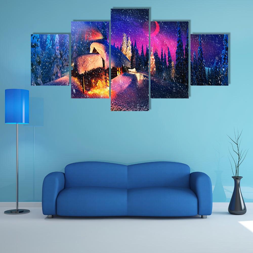Climbing to tourist wild alpine mountain to an abandoned cabin-in order to illuminate the snow-covered spruce canopy Multi Panel Canvas Wall Art