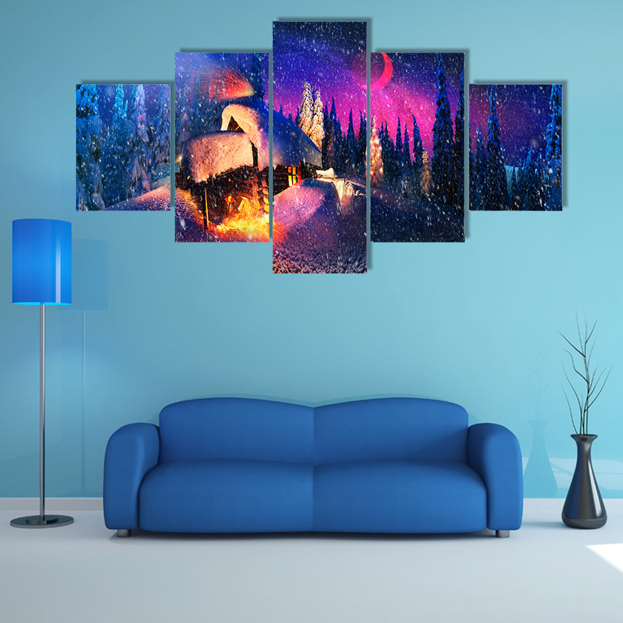 Climbing to tourist wild alpine mountain to an abandoned cabin-in order to illuminate the snow-covered spruce canopy Multi Panel Canvas Wall Art