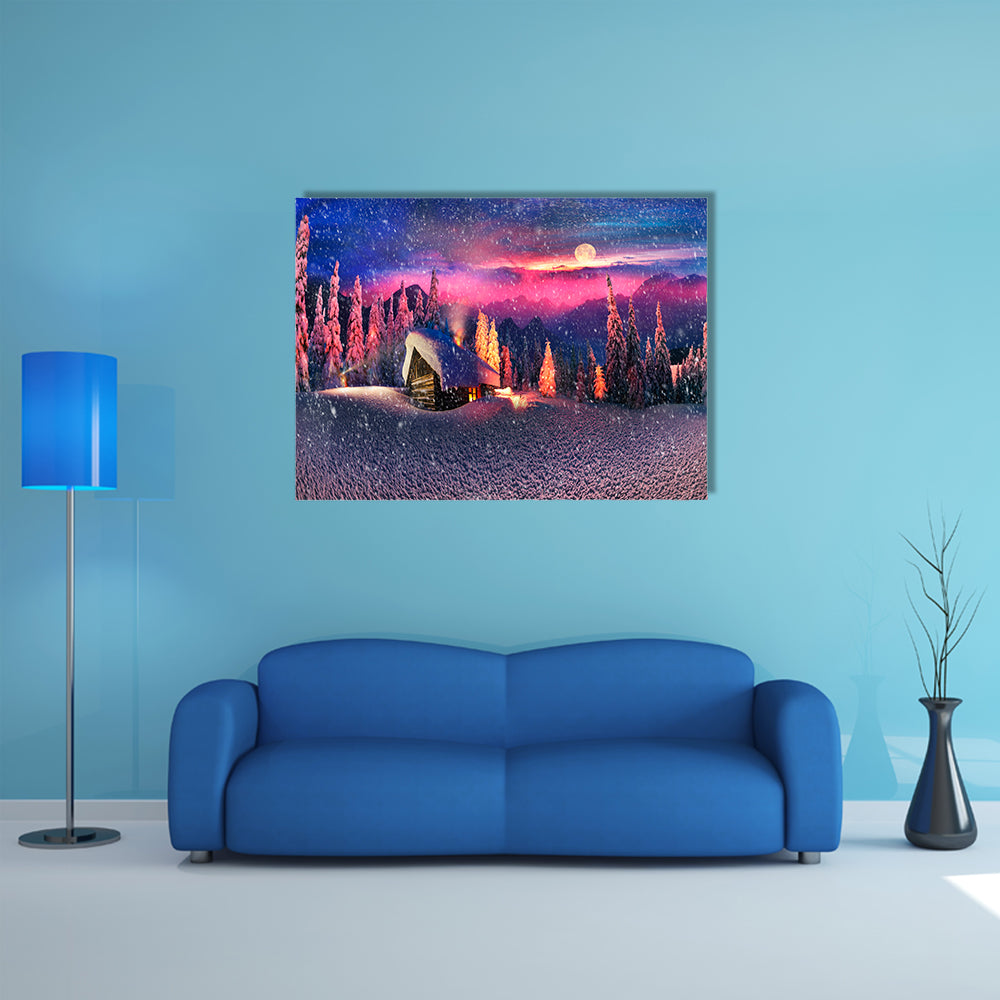 The Snow-Covered Spruce Canopy During Moonrise, Moonset In The Frosty Sky Multi Panel Canvas Wall Art