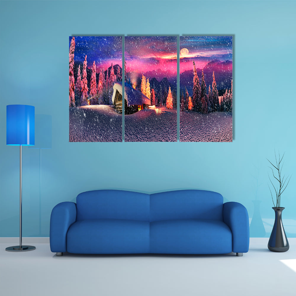 The Snow-Covered Spruce Canopy During Moonrise, Moonset In The Frosty Sky Multi Panel Canvas Wall Art