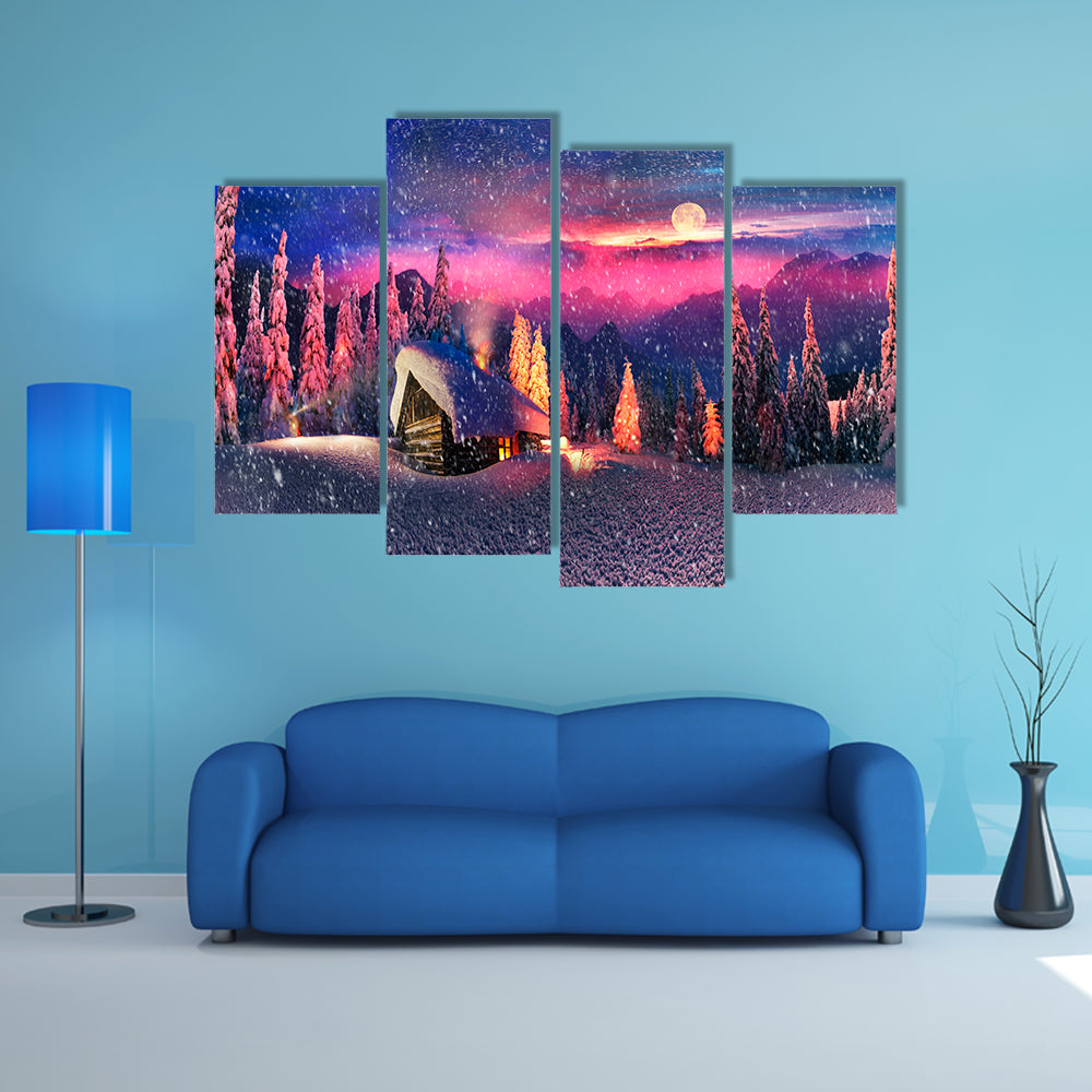 The Snow-Covered Spruce Canopy During Moonrise, Moonset In The Frosty Sky Multi Panel Canvas Wall Art