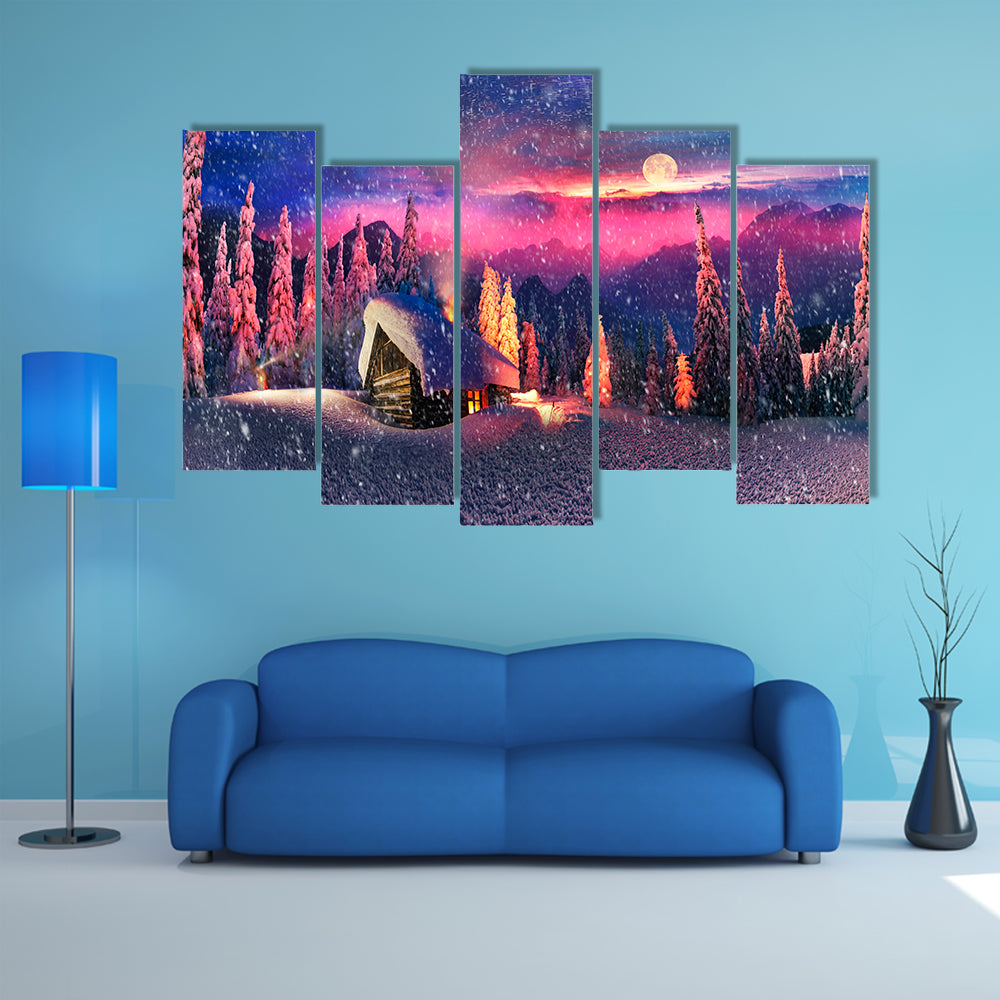 The Snow-Covered Spruce Canopy During Moonrise, Moonset In The Frosty Sky Multi Panel Canvas Wall Art