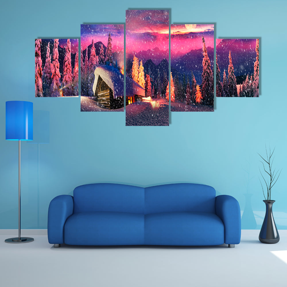 The Snow-Covered Spruce Canopy During Moonrise, Moonset In The Frosty Sky Multi Panel Canvas Wall Art