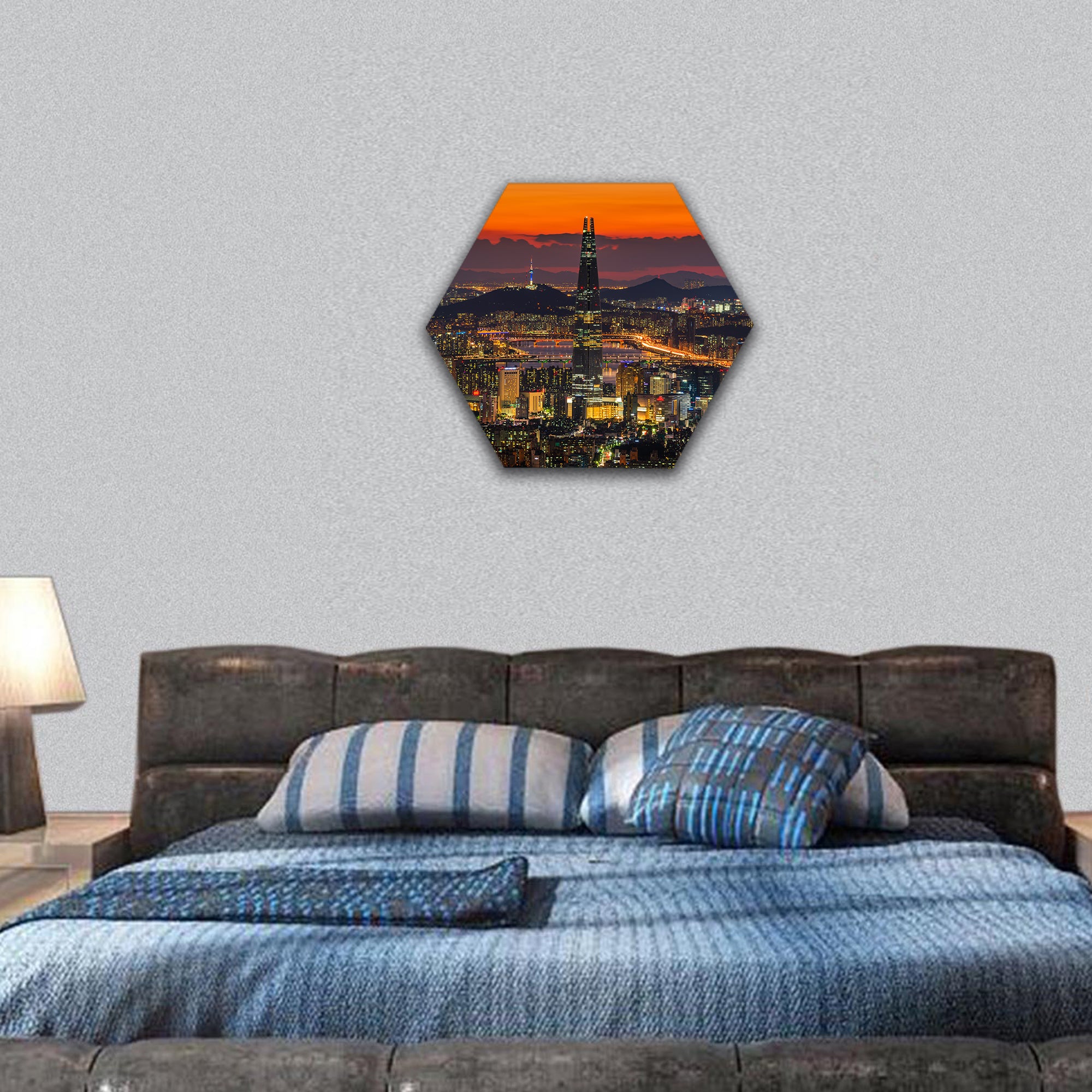 Sunset of Seoul City Skyline, South Korea hexagonal canvas wall art