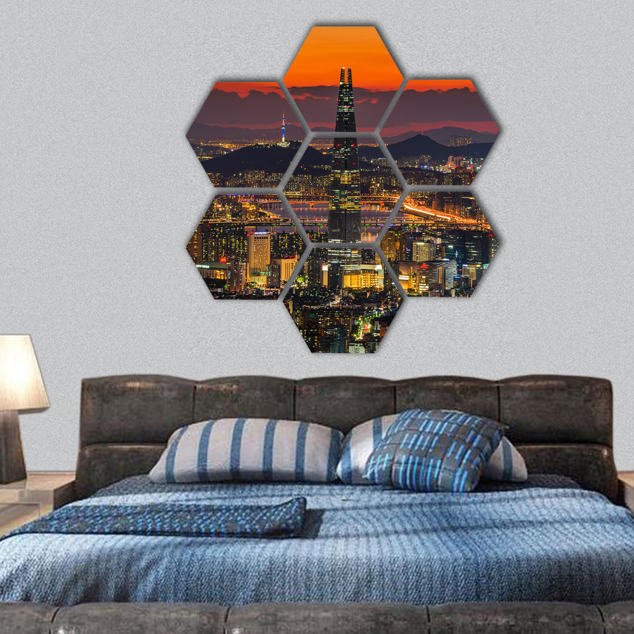 Sunset of Seoul City Skyline, South Korea hexagonal canvas wall art