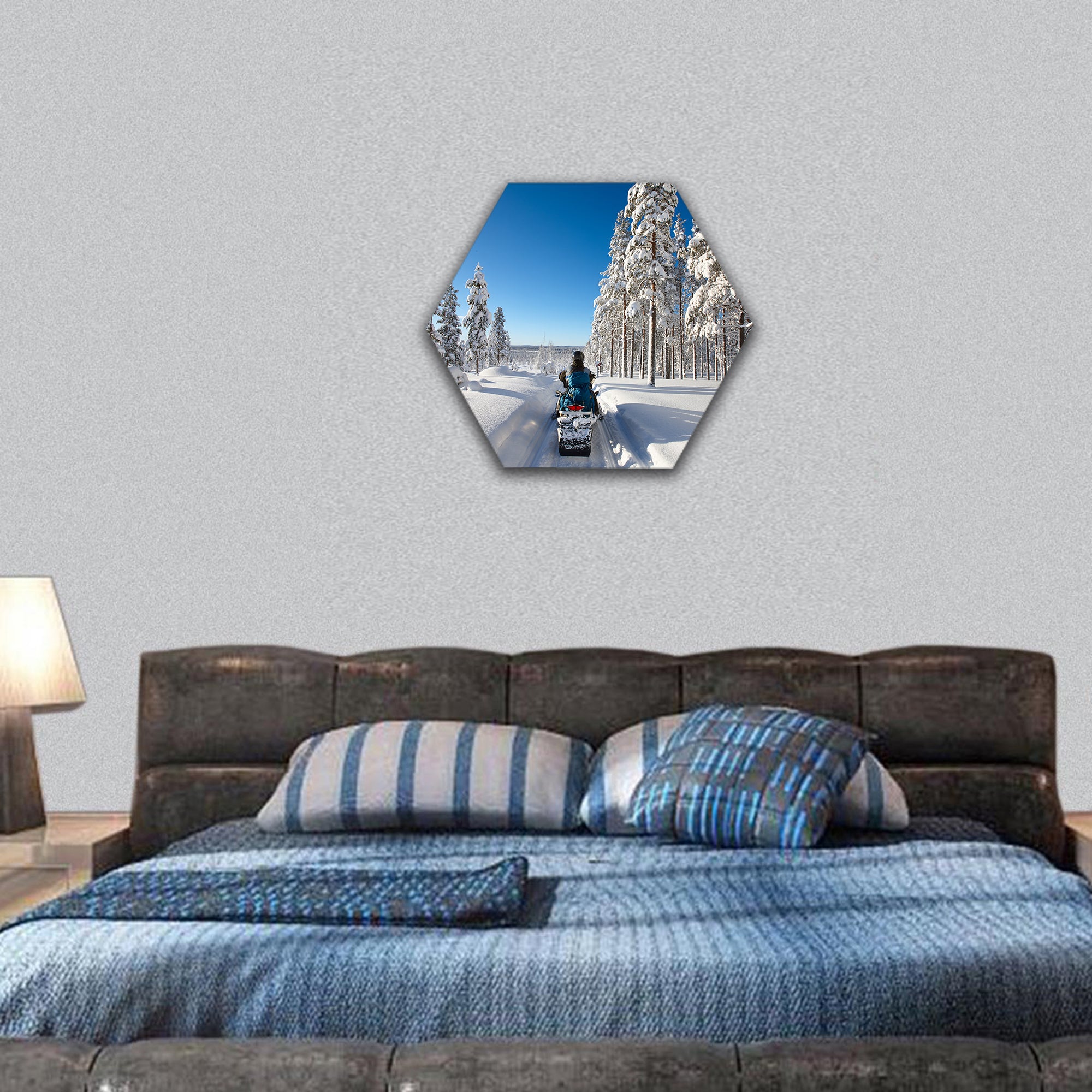 winter landscape, Finnish Lapland with snowmobile hexagonal canvas wall art