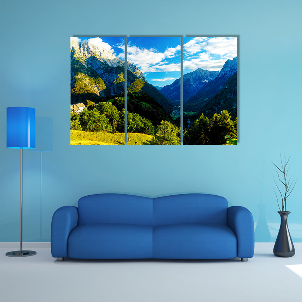 A beautiful summer landscape, in the Slovenia Mountain and valley multi panel canvas wall art