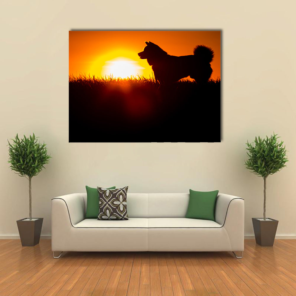 Silhouette Of A Akita Inu Dog At Golden Sunset. Multi Panel Canvas Wall Art
