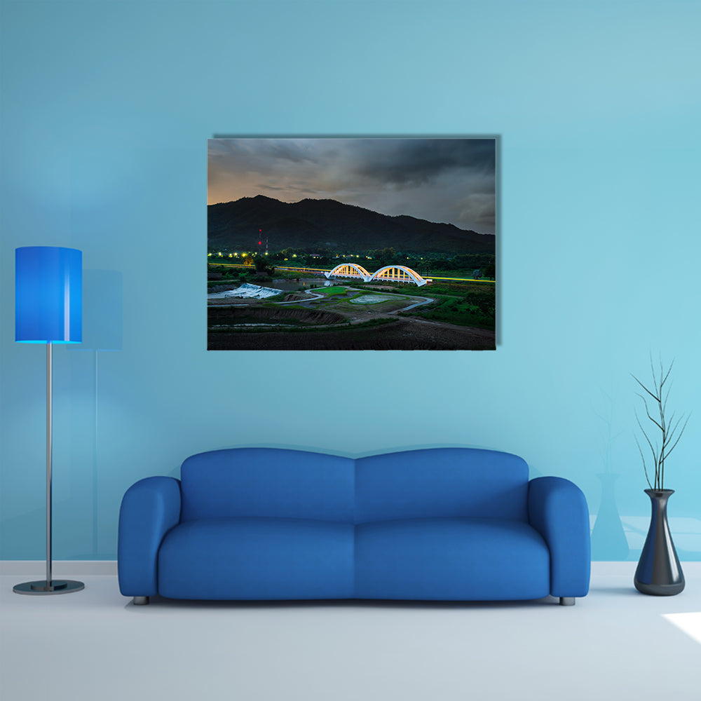 Old white railway bridge in twilight time at Lamphun, Thailand multi panel canvas wall art