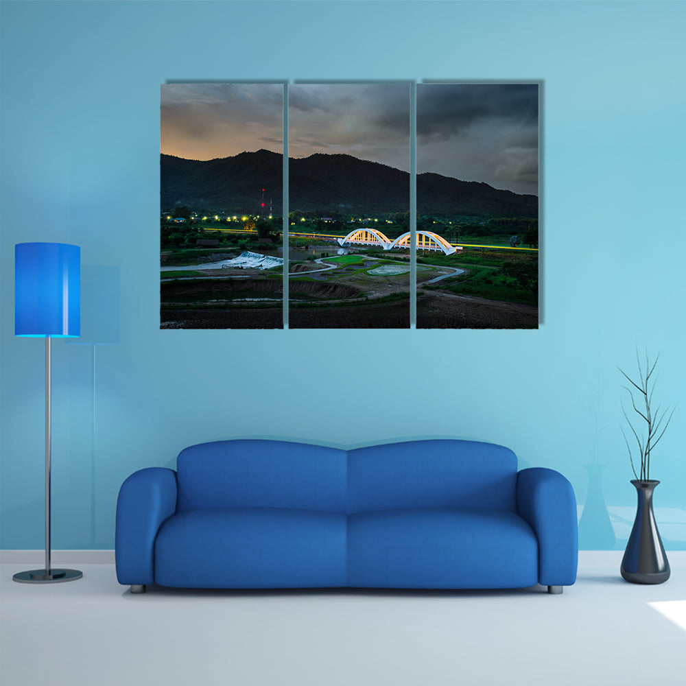 Old white railway bridge in twilight time at Lamphun, Thailand multi panel canvas wall art