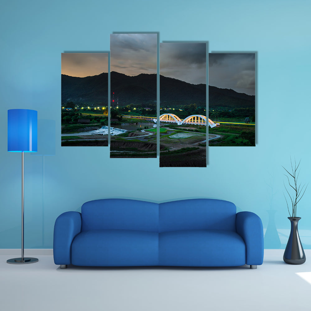 Old white railway bridge in twilight time at Lamphun, Thailand multi panel canvas wall art