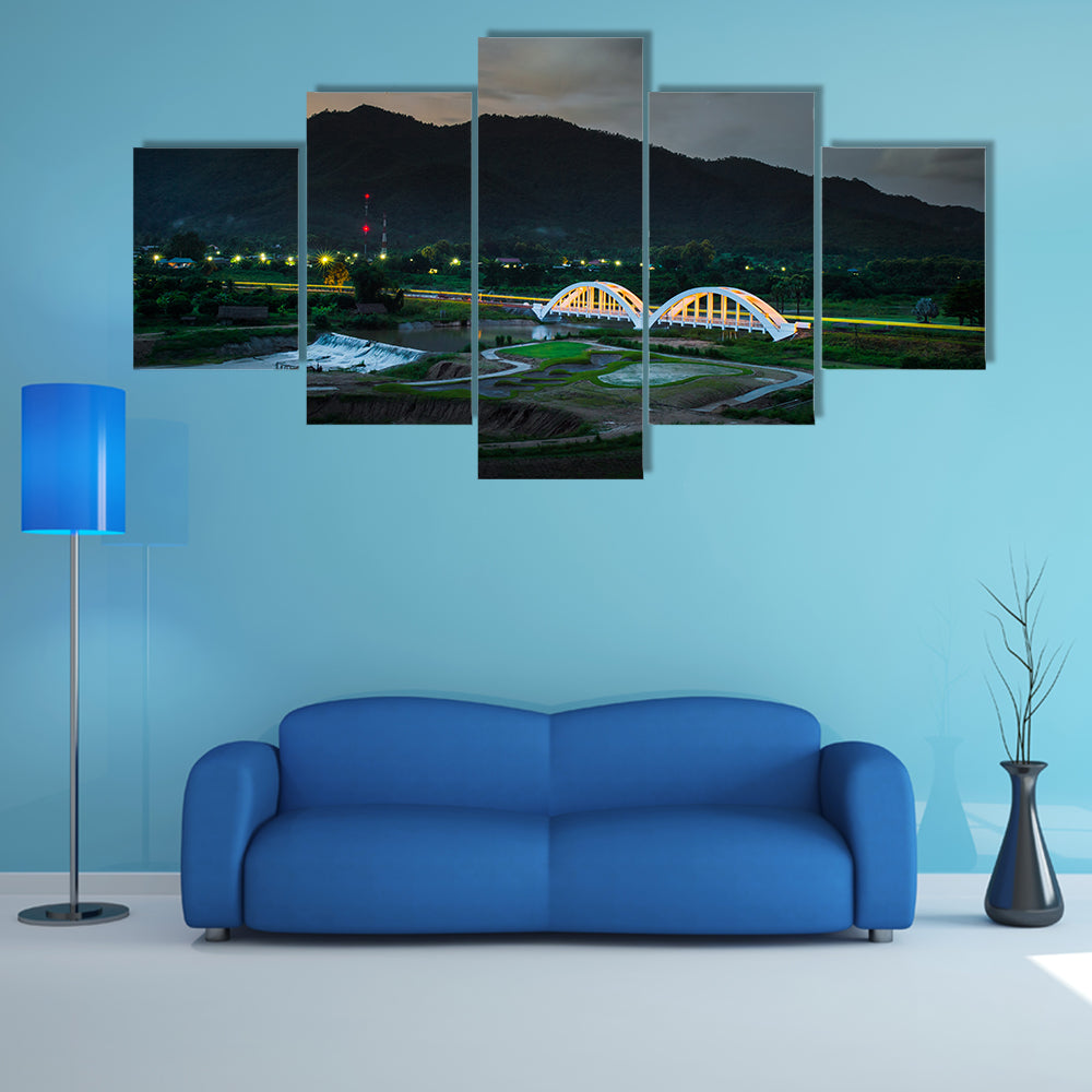 Old white railway bridge in twilight time at Lamphun, Thailand multi panel canvas wall art