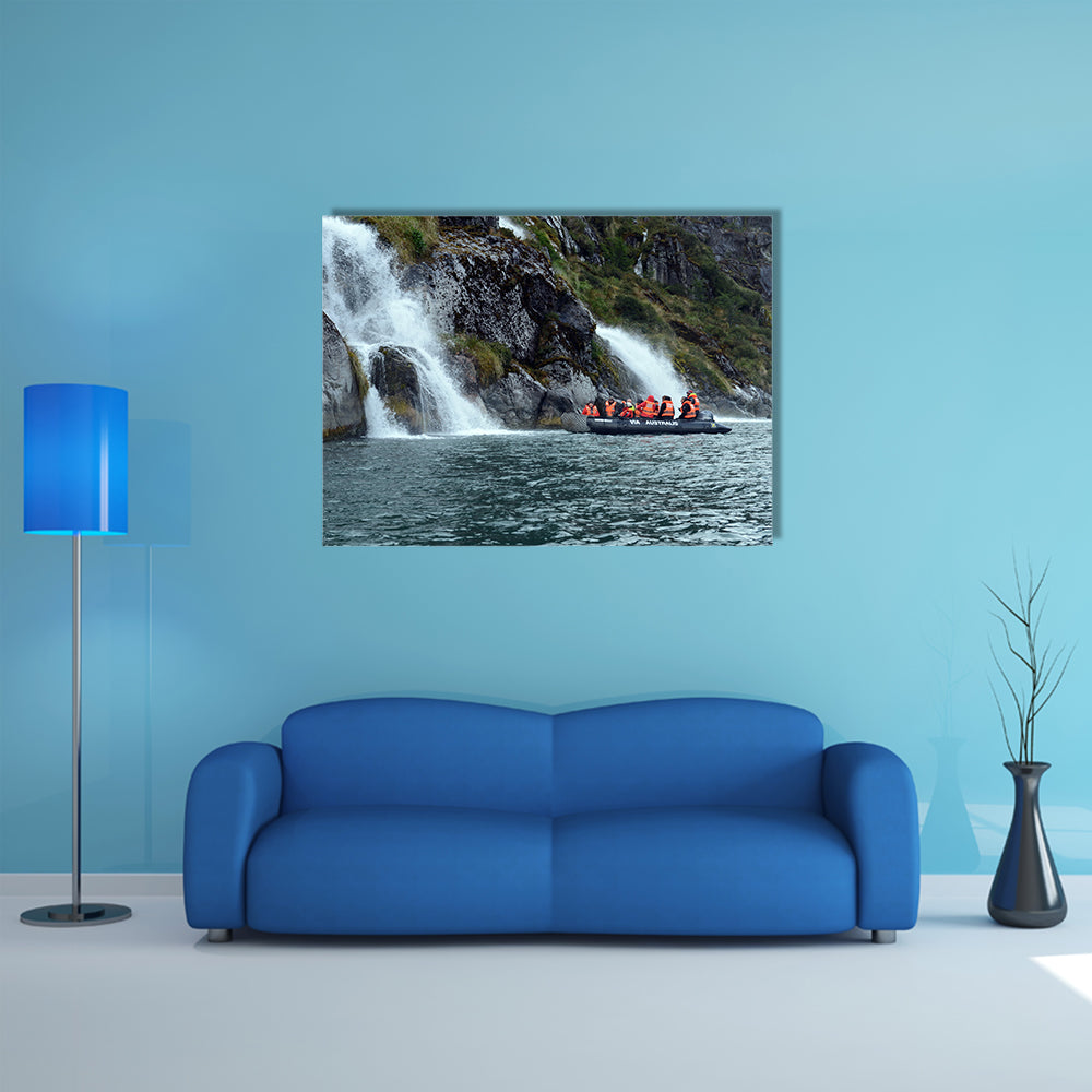 Tourists from the cruise ship near the waterfalls of the glacier Nena multi panel canvas wall art