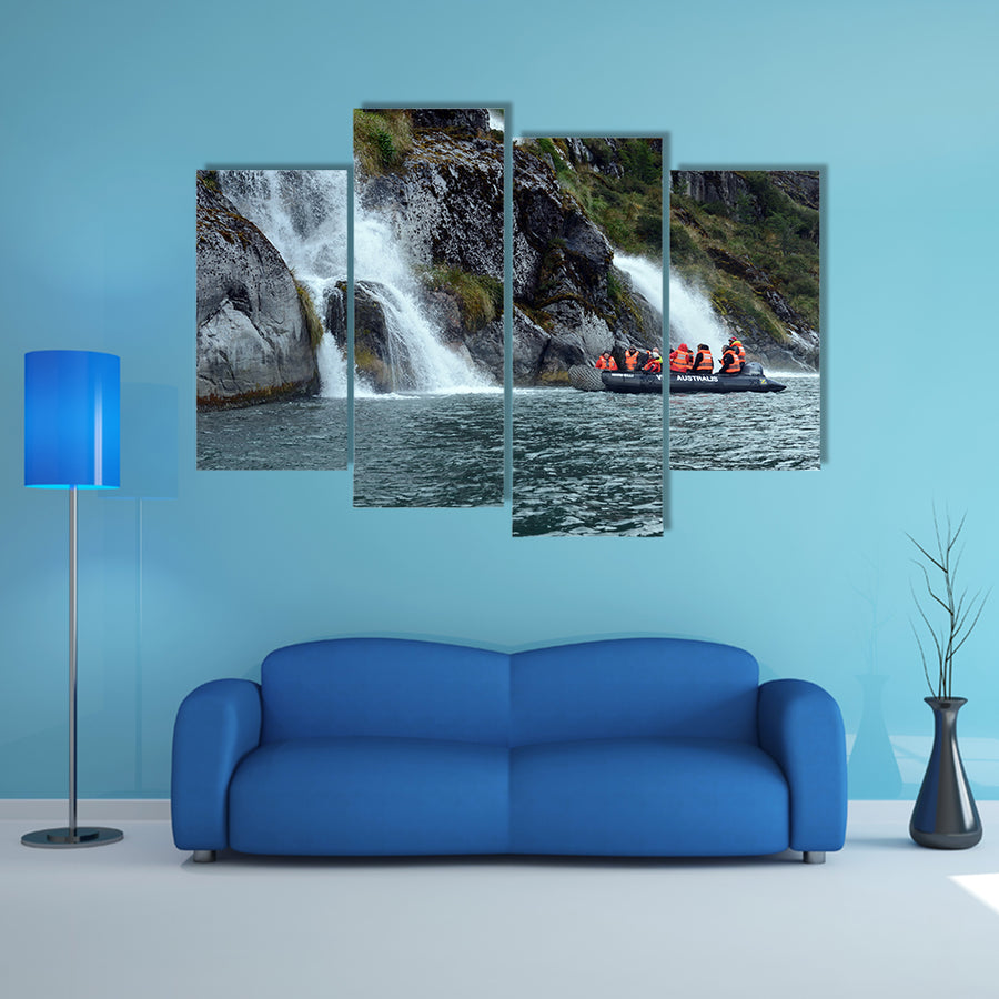 Tourists from the cruise ship near the waterfalls of the glacier Nena multi panel canvas wall art