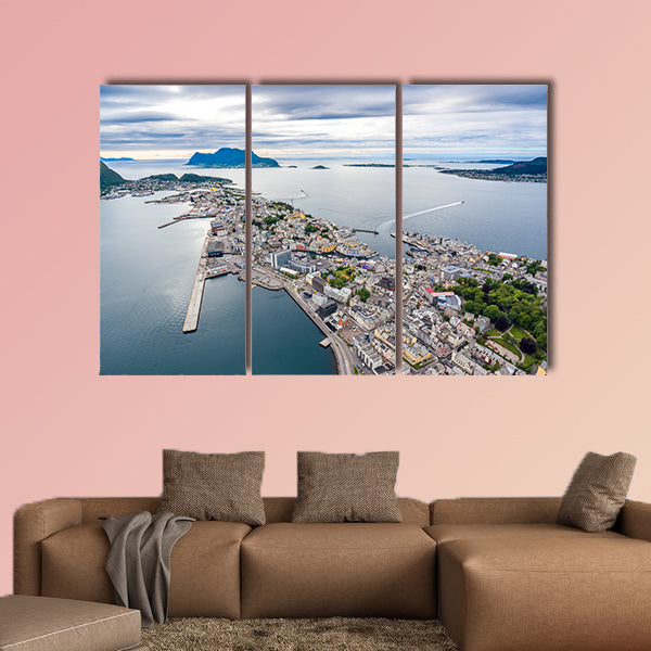Aksla at the city of Alesund, Norway aerial multi panel canvas wall art
